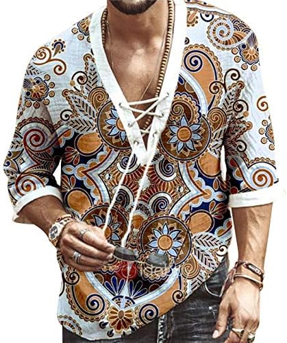 Men's Fashion Shirt Short Sleeve Beach V-Neck Drawstring Printing Yoga African Summer Top Rela Bota