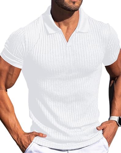 Mens V Neck Muscle Polo Shirts Slim Fit Short Sleeve Zipper Ribbed Polo T Shirt Stretch Golf Tees Vuiosrx