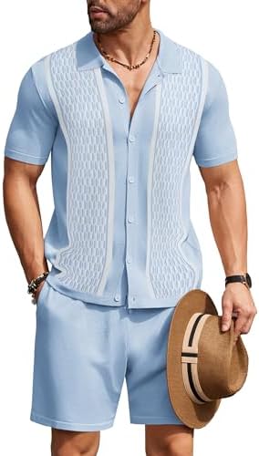 COOFANDY Men's 2 Piece Outfit Vintage Short Sleeve Button Down Knit Polo Shirts Casual Beach Shorts Sets Coofandy