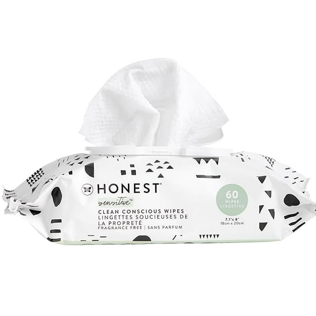 The Honest Company Clean Conscious Unscented Wipes , Over 99% Water, Compostable, Plant-Based, Baby Wipes , Hypoallergenic for Sensitive Skin, EWG Verified , Pattern Play, 60 Count The Honest Company