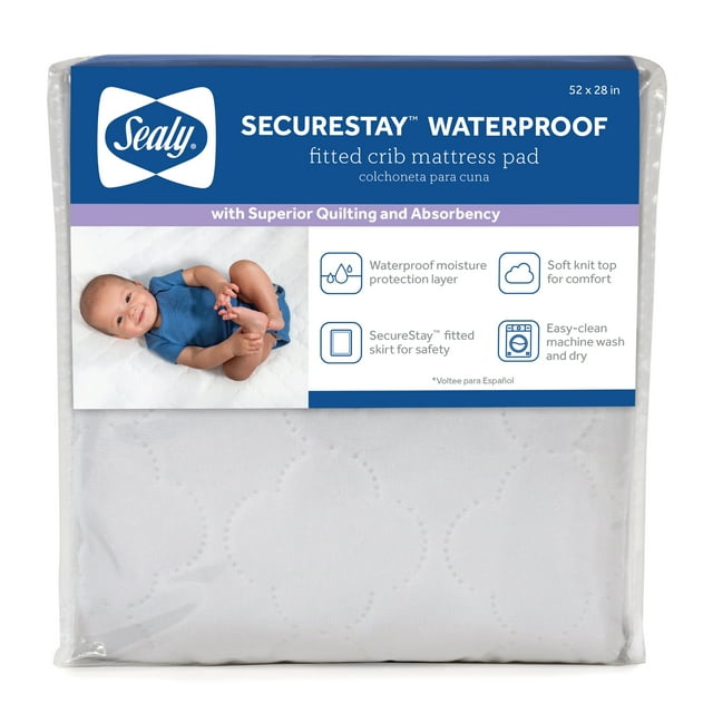 Sealy SecureStay Waterproof Crib Mattress Pads, Easy Clean Washable, Crib, White, 1.1 lb. Sealy