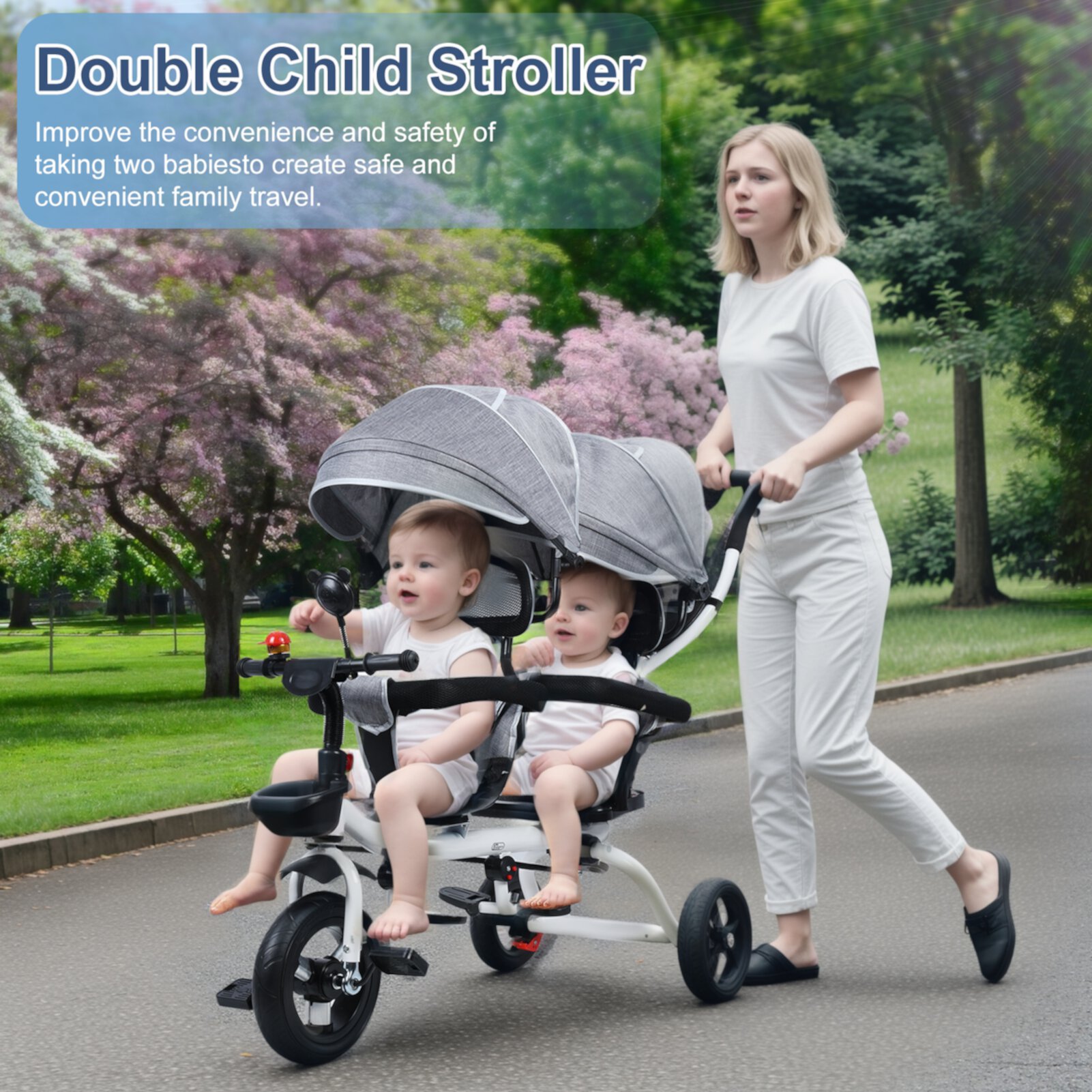 AOJA Double Stroller, Foldable Lightweight Twin Stroller with Tandem Seating, Storage Basket, Adjustable Backrest, Double Stroller Newborn and Toddler with Bell and Mirror AOJA