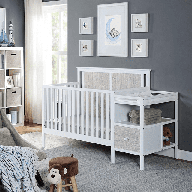 Glavbiku 4-in-1 Convertible Crib and Changer Combo White and Gray Glavbiku