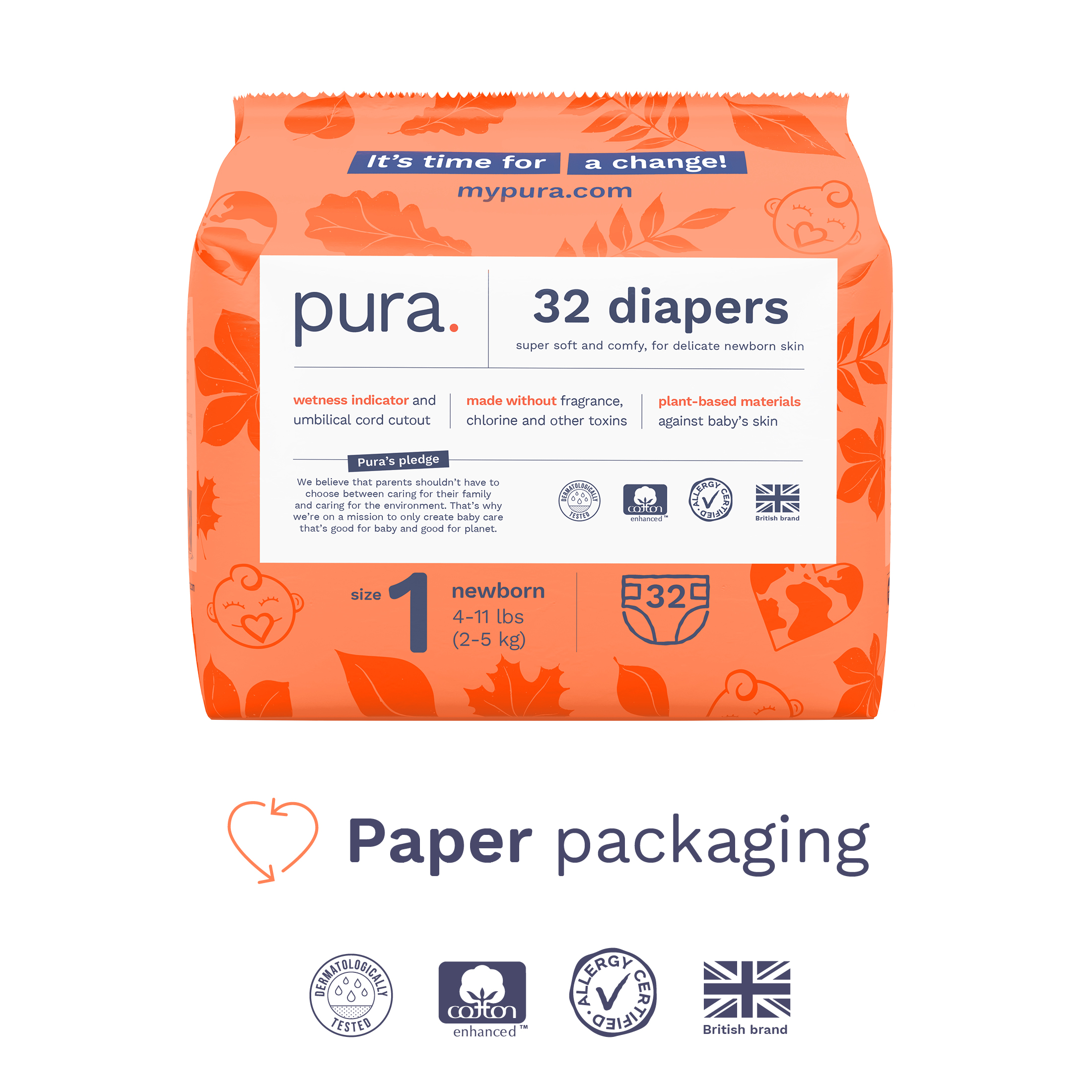 Pura Sensitive Soft Sustainable Baby Diapers Size 1, 32 Count (Choose Your Size and Count) Visit the Pura Store