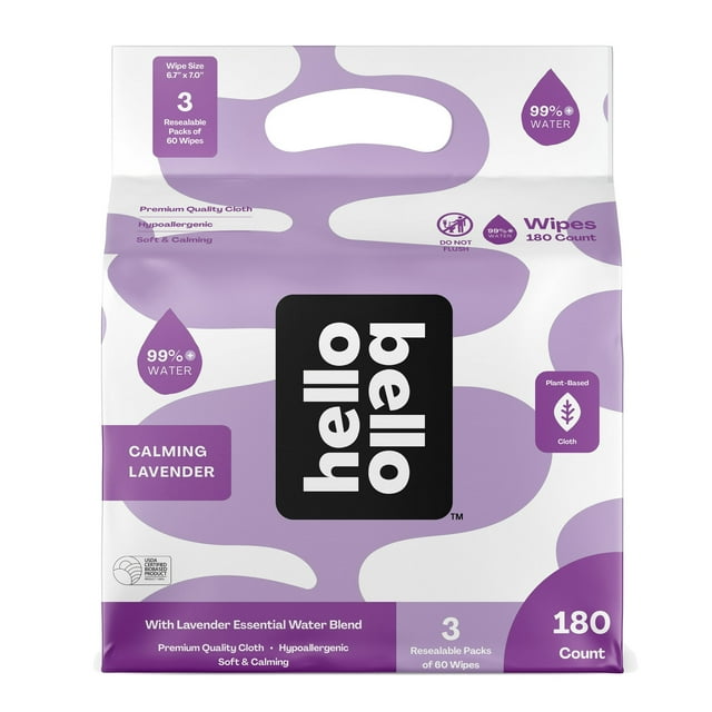 (4Packs) Hello Bello Baby Wipes, Lavender Scented Hypoallergenic Plant-Based Cloth, 180ct (Choose Count) Hello Bello