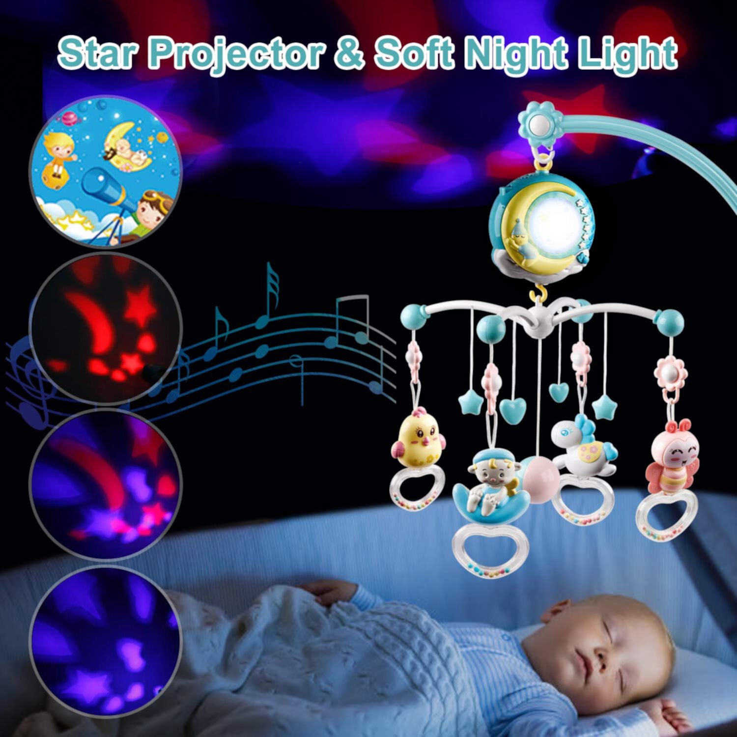 Moclever Baby Musical Crib Bed Bell Rotating Mobile Star Projection Nursery Light Baby Rattle Toy with Music Box Remote Control, Red Xiyztok