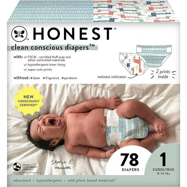 The Honest Company Clean Conscious Diapers | Plant-Based, Sustainable | Dots & Dashes + Multi-Colored Giraffes | Club Box, Size 1 (8-14 lbs), 78 Count The Honest Company