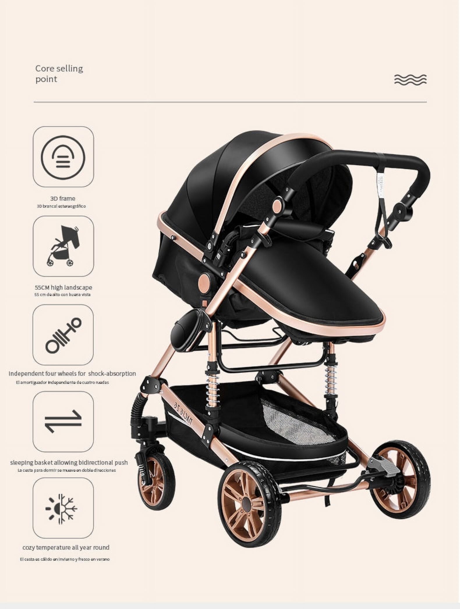 Luxury Pram High Landscape Pushchair,Baby Stroller Travel System  Suitable for Newborns and Toddlers,Aluminum,Khaki Magic ZC