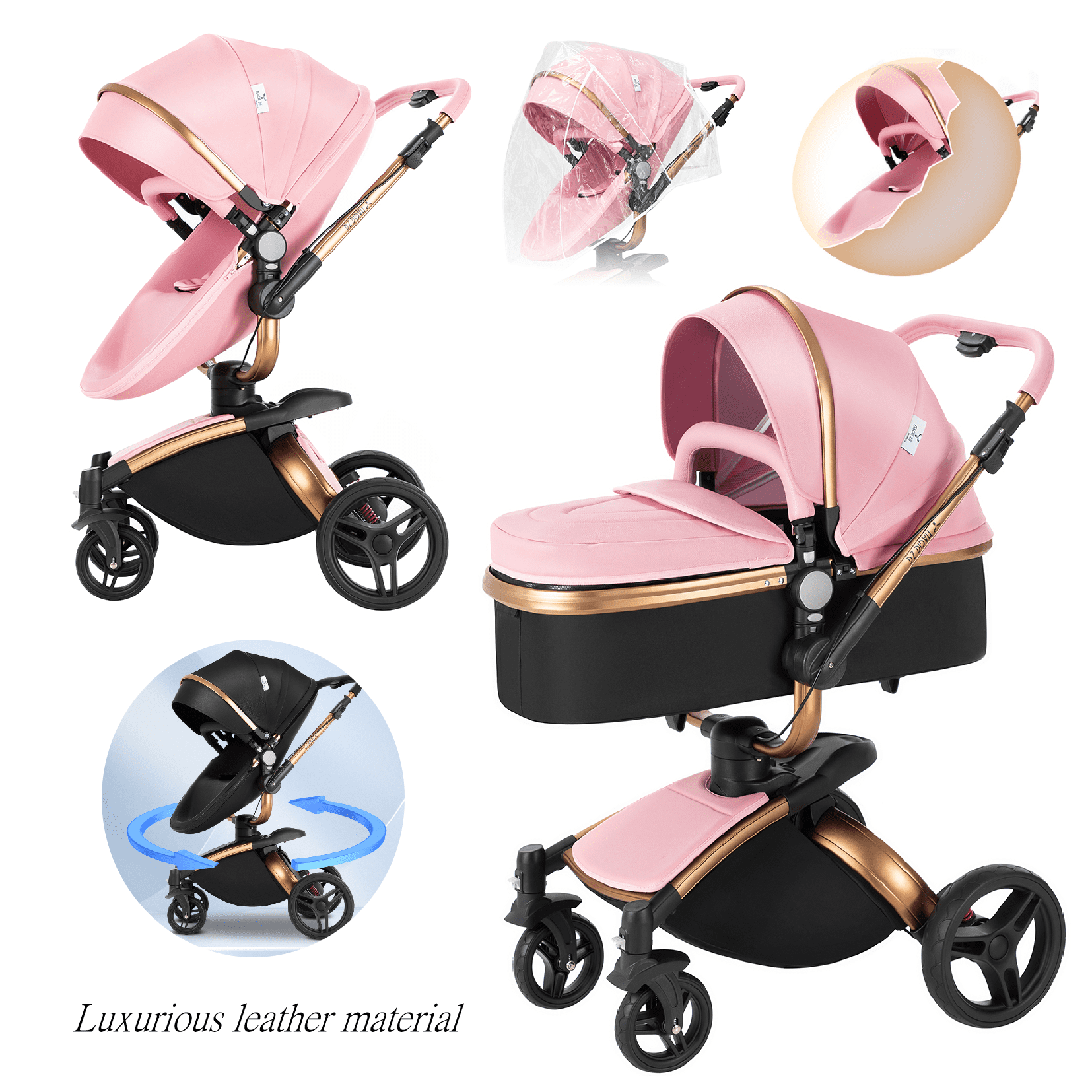 Luxury Leather Baby Stroller Travel System,High Landscape Pram,360°rotation,Lightweight,Foldable,Pink Magic ZC