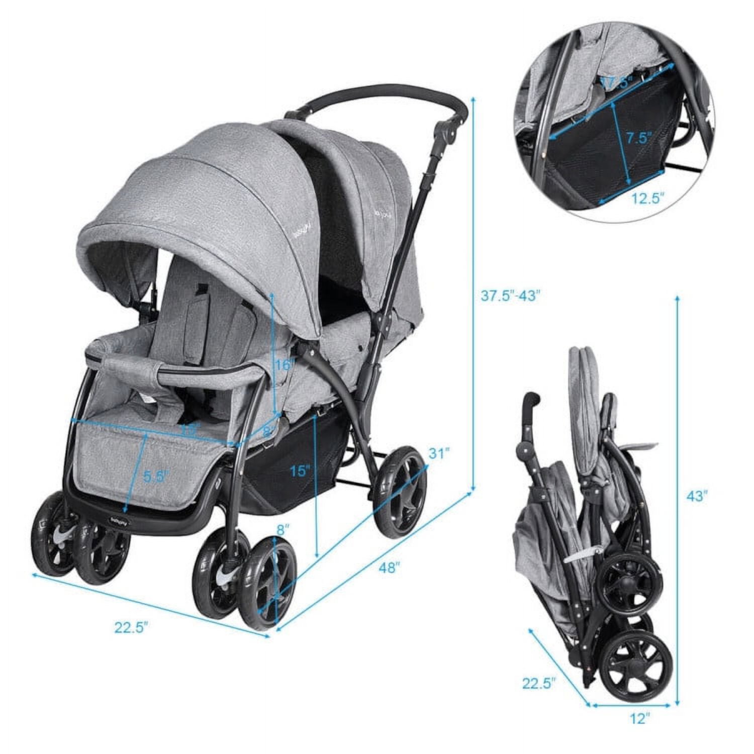 Resenkos Foldable Lightweight Front Back Seats Double Baby Stroller-Gray, Infant Stroller for Infant & Toddler Resenkos