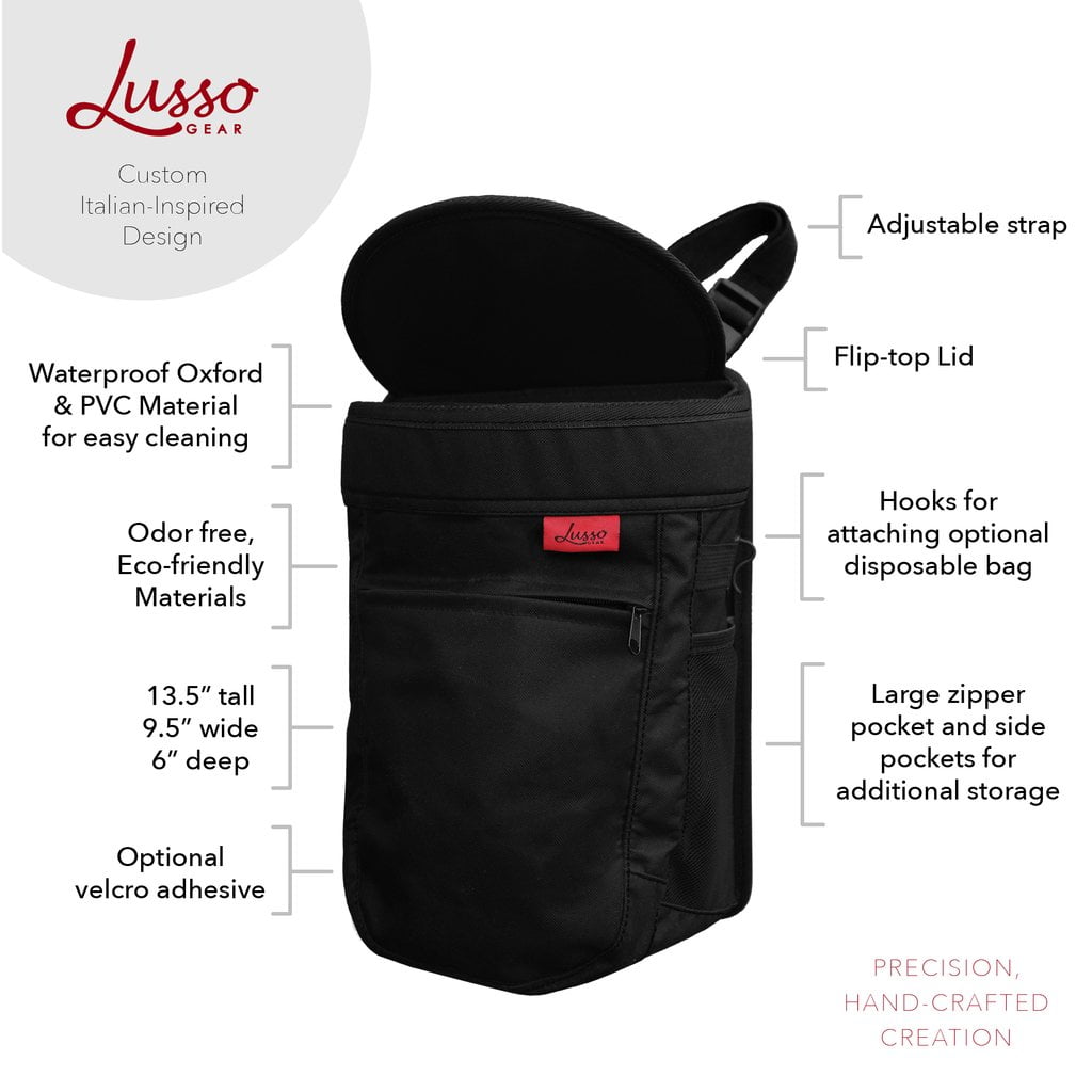 Lusso Gear | Car Trash Can | Hanging, Leakproof Vinyl Garbage Bin with Removable Liner | Large Capacity, Flip Open Lid | Hang or Mount | 2.5 Gallon, Black Lusso Gear