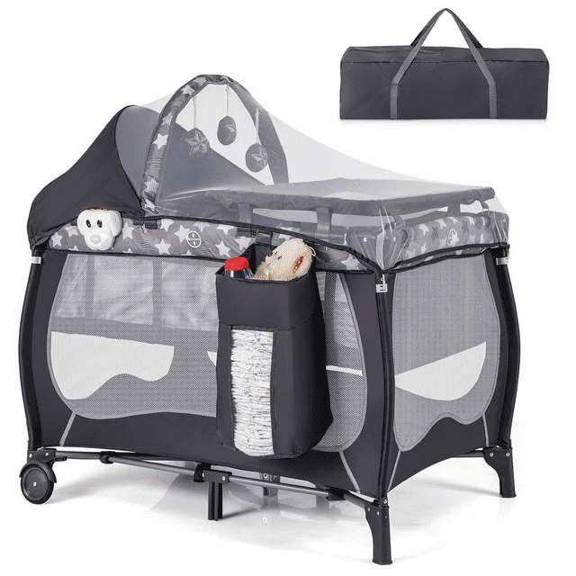 Pack and Play  4 in 1 Portable Baby Playard with Bassinet  Changing Table  Lockable Wheels  Music Box  Foldable Travel Baby Crib Nursery Center from Newborn to Toddler(Gray) En