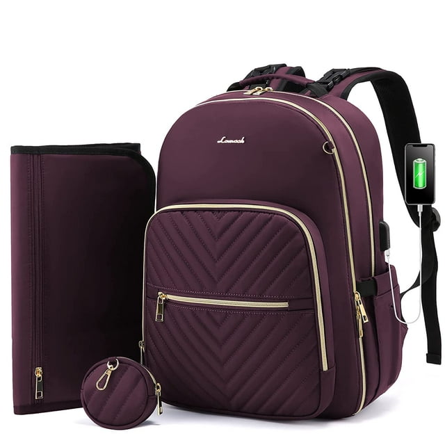 LOVEVOOK Diaper Backpack, Waterproof Quilted Diaper Bag with Changing Station & Pacifier Holder for New Mum & Daddy Travel- Large & Dark Purple LOVEVOOK