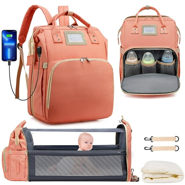 Diaper Bag Backpack, Large Capacity Diaper Backpack with Foldable Crib, Travel Waterproof Baby Changing Bag Multifunctional with USB Charging Port & Stroller Strap for Baby Boy & Girls(Pink) Cshidworld