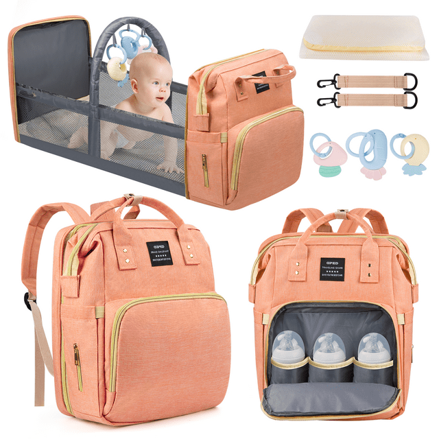 Diaper Bag Backpack, Multifunctional Baby Diaper Bags with Changing Station &Foldable Crib, Large Baby Bag for 0-6 Mouth Boys Girls w/ USB Charging Port&Stroller Strap, Mom Gifts Baby Essentials(Pink) Cshidworld