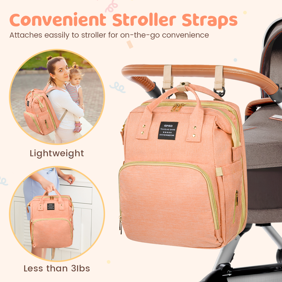 Diaper Bag Backpack, Multifunctional Baby Diaper Bags with Foldable Crib & Changing Station,Large Capacity Portable Travel Back Pack W/ USB Charging Port & Stroller Strap, Baby Shower Gifts(Pink) Cshidworld