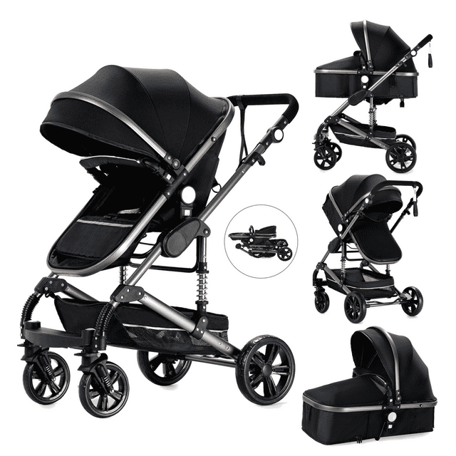 Baby Stroller Travel System with Adjustable Reversible Seat,High Landscape Foldable Pram for 0-36 Months,Black Magic ZC