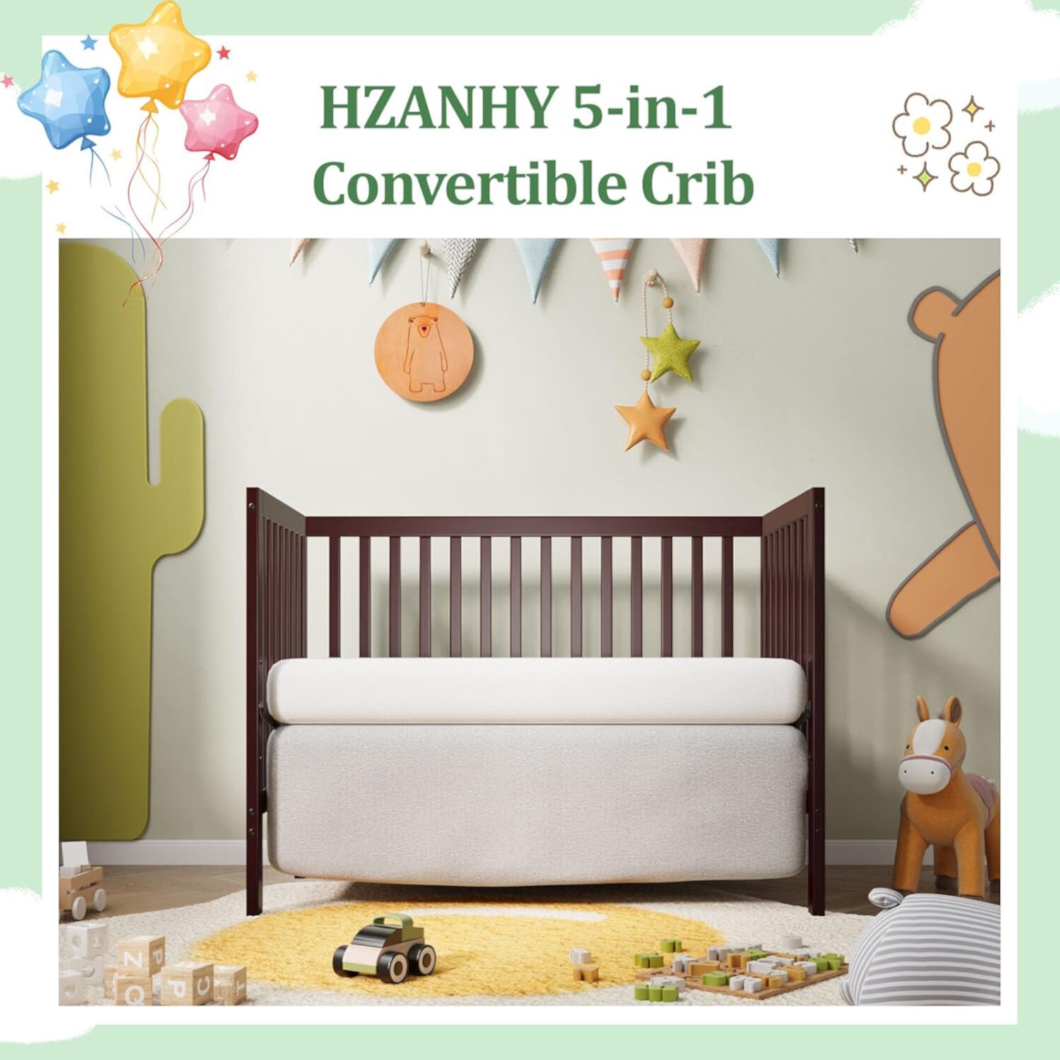 Crib 5-in-1 Convertible Crib Converts from  Crib to Toddler Bed  Daybed and Full-Size Bed Frame  Fits Standard Full-Size Crib   Bed White (Mattress not Included En