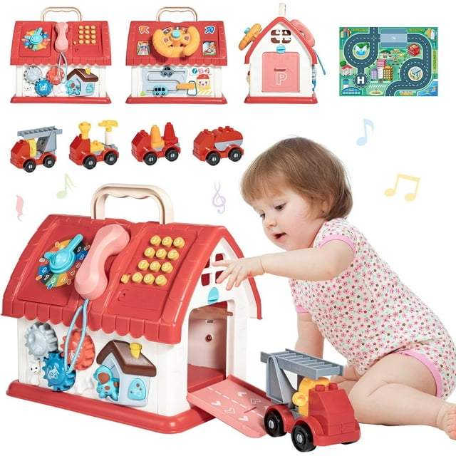 Toys for 1+ Year Old Girl, Montessori Multifunctional House Toys with 4 Building Cars and Map Carpet for Toddler Baby 1 2 3 Ages Kids , Educational Learning and Playing Christmas Birthday Gifts TYMZDYN