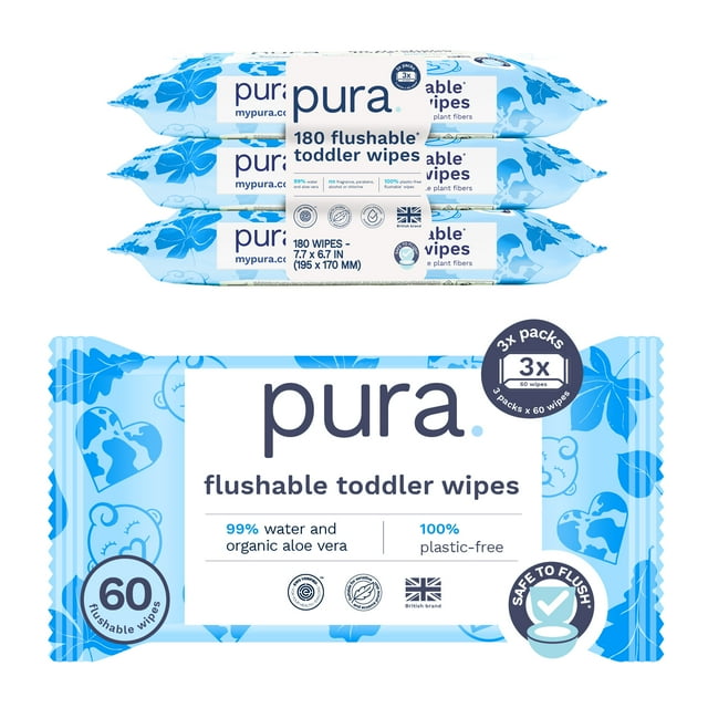 Pura Flushable Toddler Wipes Fragrance Free EWG Verified Plastic Free, 180ct (Choose Your Count) Visit the Pura Store