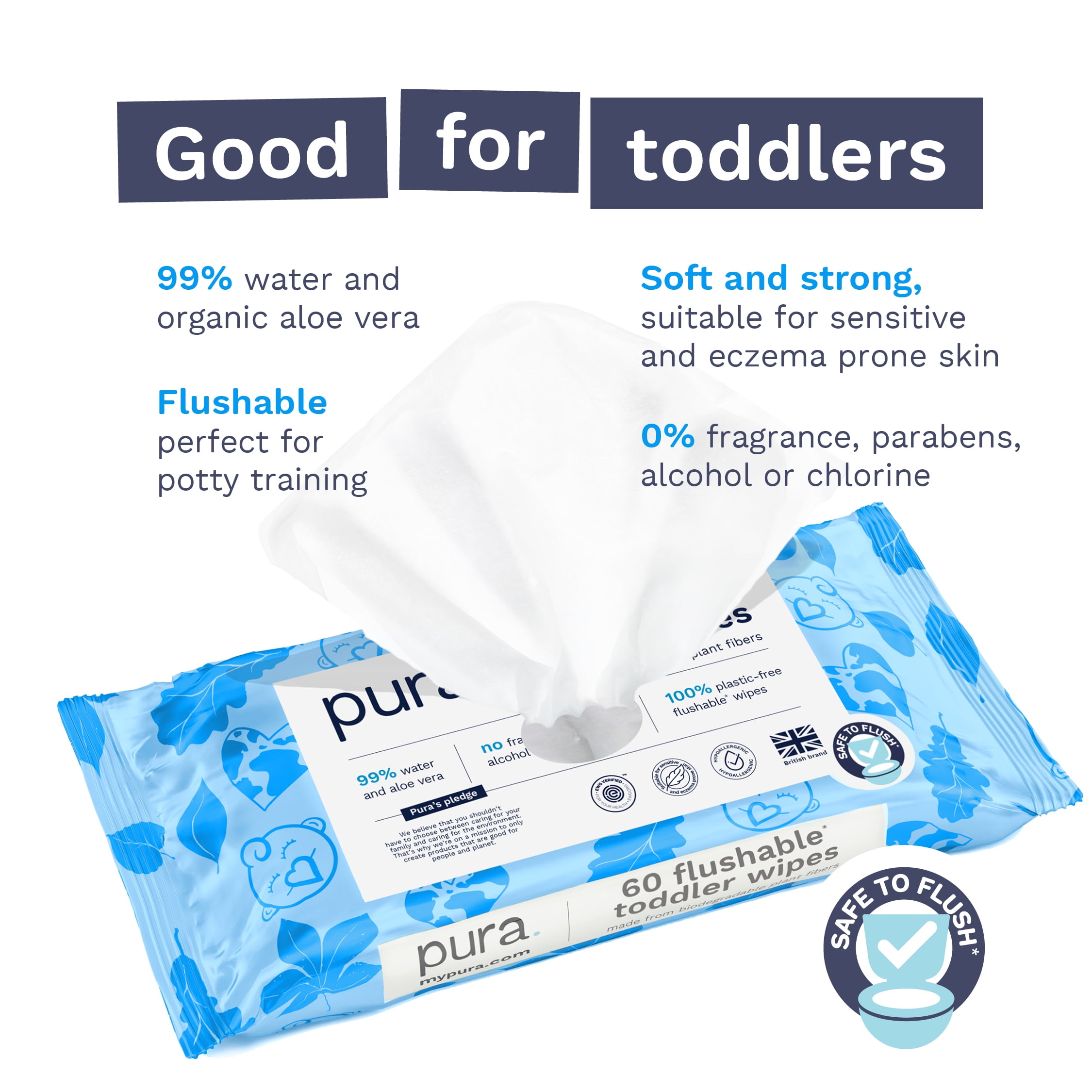 Pura Flushable Toddler Wipes Fragrance Free EWG Verified Plastic Free, 180ct (Choose Your Count) Pura