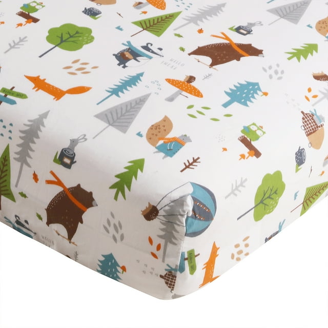 Levtex Baby - Play Day Crib Fitted Sheet - Fits Standard Crib and Toddler Mattress - Woodland fun White, Brown, Green, Orange - Nursery Accessories - 100% Cotton Levtex Baby