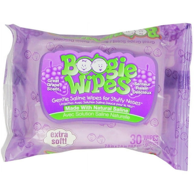 Boogie Wipes Natural Saline Nose Wipes, Great Grape, 30 Ct (2 pack) (Bundle) Boogie