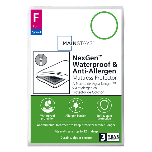 Mainstays NexGen Waterproof Anti-Allergen Zippered Mattress Protector, Full Mainstays