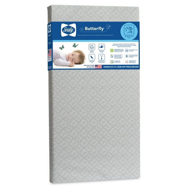 Sealy Butterfly Extra Firm Baby Crib & Toddler Mattress, Foam, Waterproof Zip Cover, White Sealy