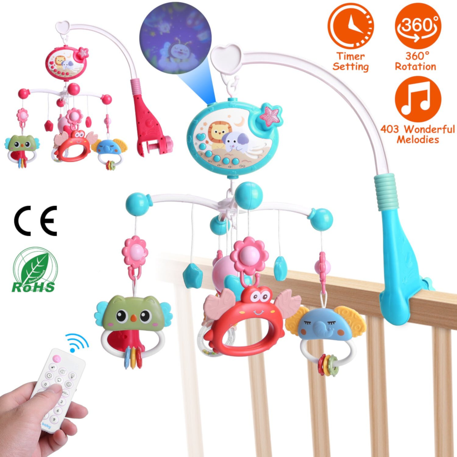 iMounTEK Crib Mobile with Music and Lights, Baby Mobile for Crib with Remote Control Star Projection Music Box, Baby Rotating Rattle Toys for Newborn Boys and Girls, Red Imountek