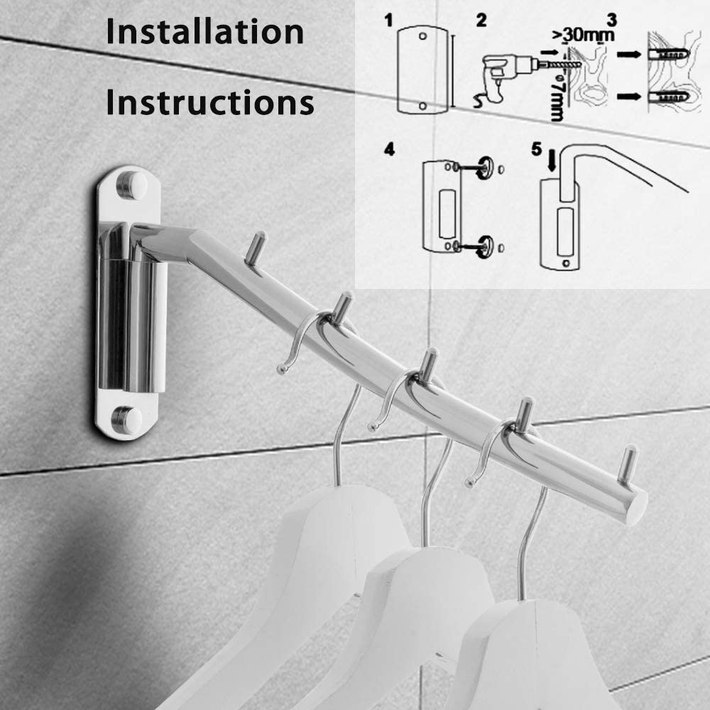 Amerteer Folding Wall Mounted Clothes Hanger Rack Wall Clothes Hanger Stainless Steel Swing Arm Wall Mount Clothes Rack Heavy Duty Drying Coat Hook Clothing Hanging System Closet Storage Organizer Amerteer