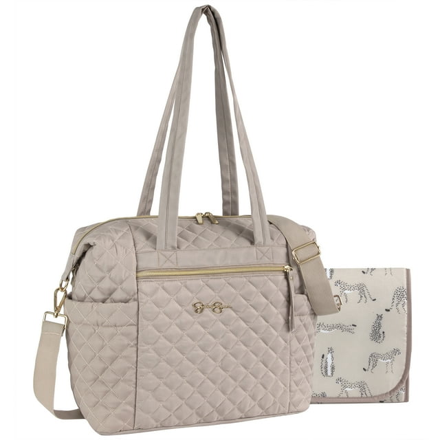 Jessica Simpson Bolso Satchel de Moda para Pañales con Cierre de Cremallera Doble de Múltiples Bolsillos Acolchado con Diamantes con Correa para el Equipaje, Interior con Estampado de Guepardo y Cambiador Plegable de 3 Capas a Juego Jessica Simpson