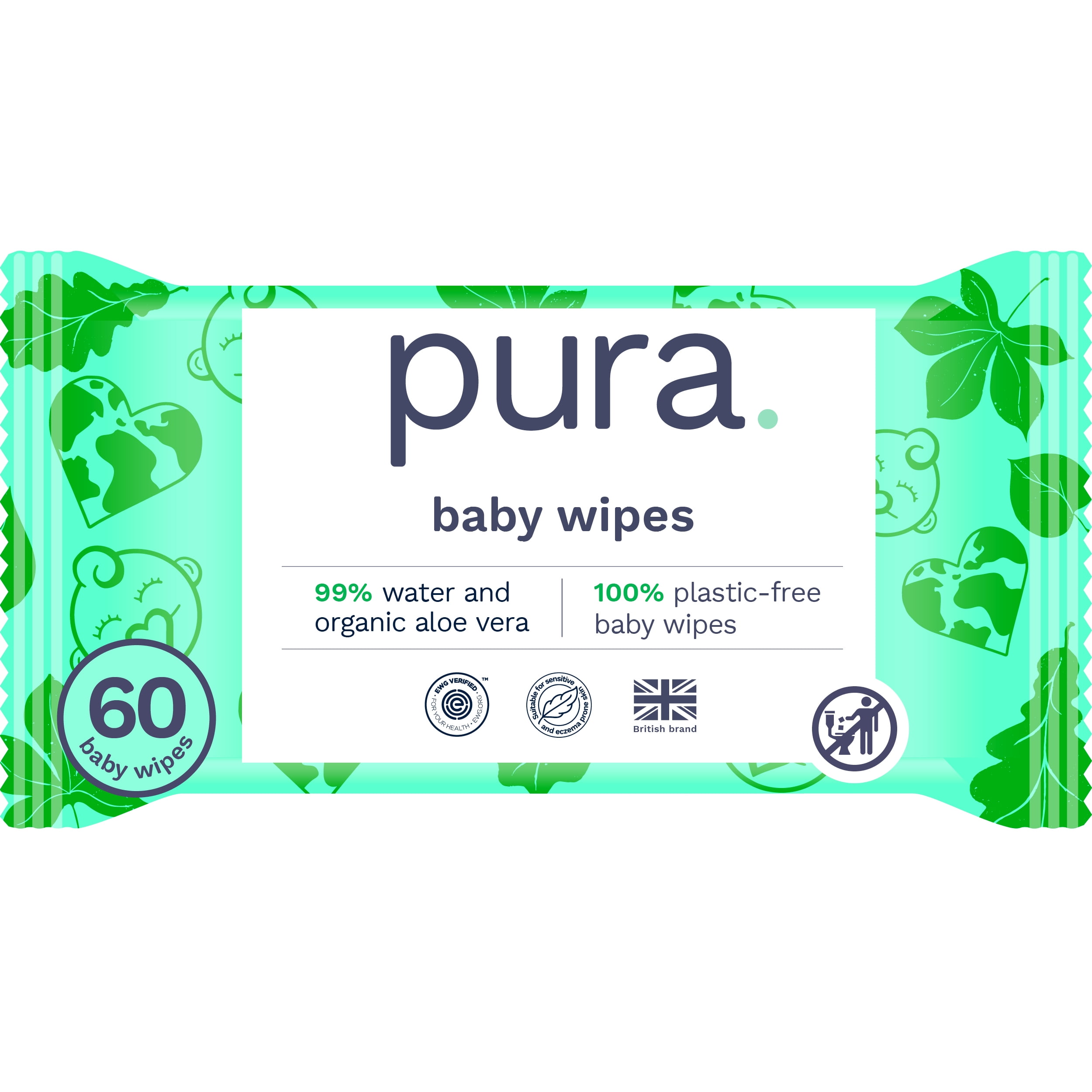 Pura Baby Wipes, Fragrance Free, Sensitive, EWG Verified, Plant-Based, 60 Count, Choose Your Count Pura