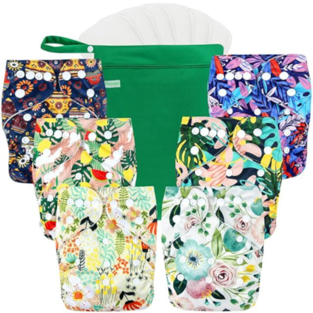 Wegreeco Washable Reusable Baby Cloth Pocket Diapers 6 Pack + 6 Bamboo Inserts (with 1 Wet Bag, Love, Flowers) Wegreeco