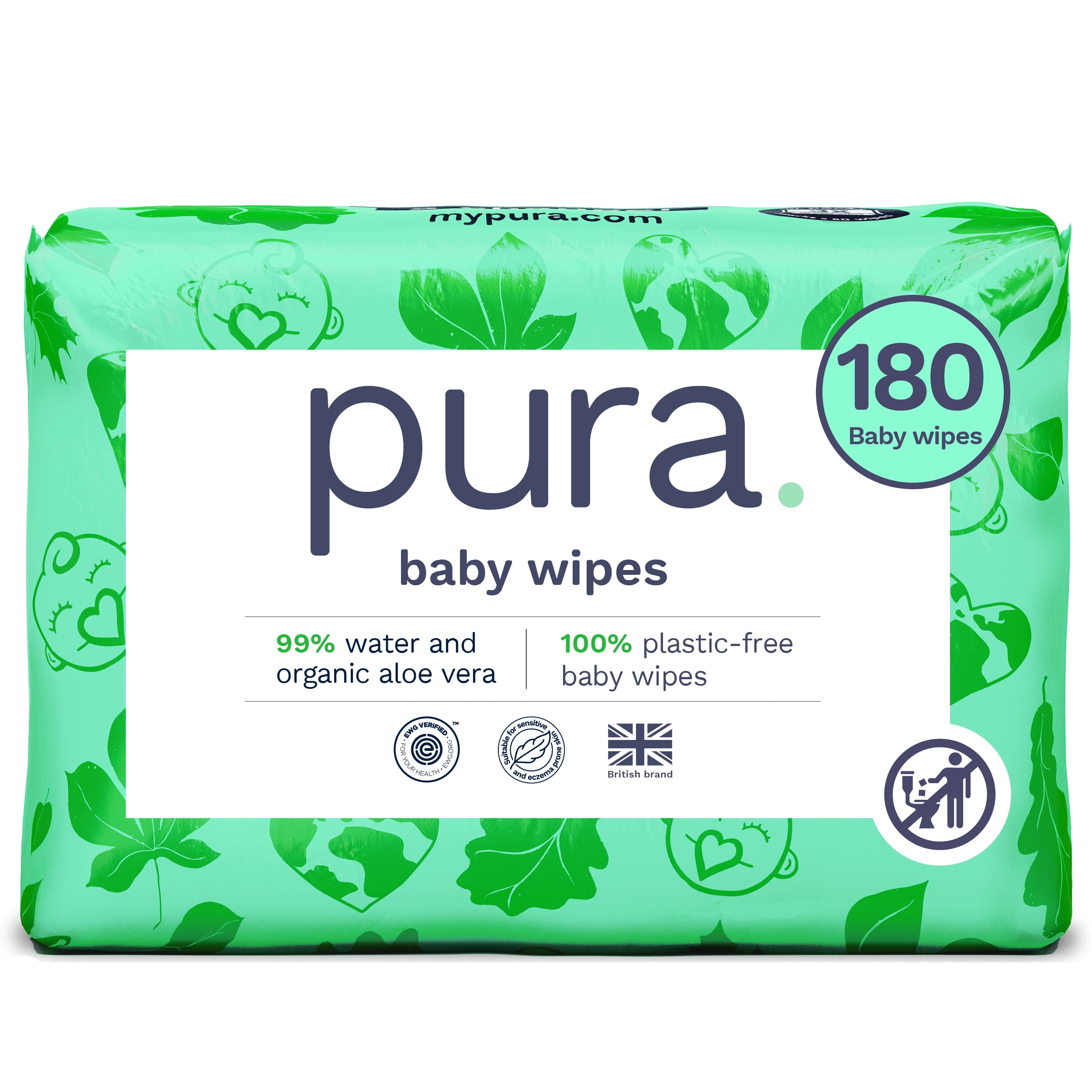 Pura Baby Wipes, Fragrance Free, Sensitive, EWG Verified, Plant-Based, 180 Count, Choose Your Count Pura