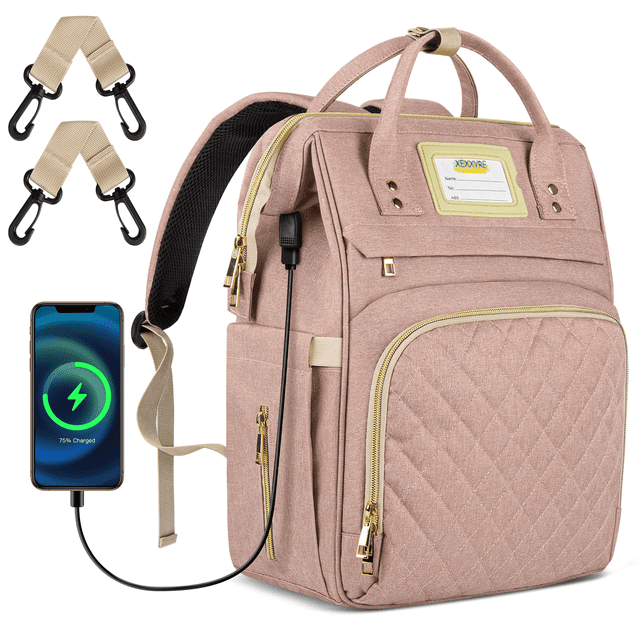 Diaper Bag Backpack, Multifunctional Baby Changing Bag with Insulated Milk Bottle Pocket & Stroller Strap, Large Capacity Travel Backpack with USB Charging Port, Baby Bags for Boys Girls(Pink) GPED