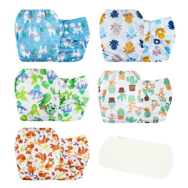 Wegreeco Washable Reusable Baby Cloth Pocket Diapers 5 Pack + 5 Rayon Made from Bamboo Inserts (Animal Party) Wegreeco