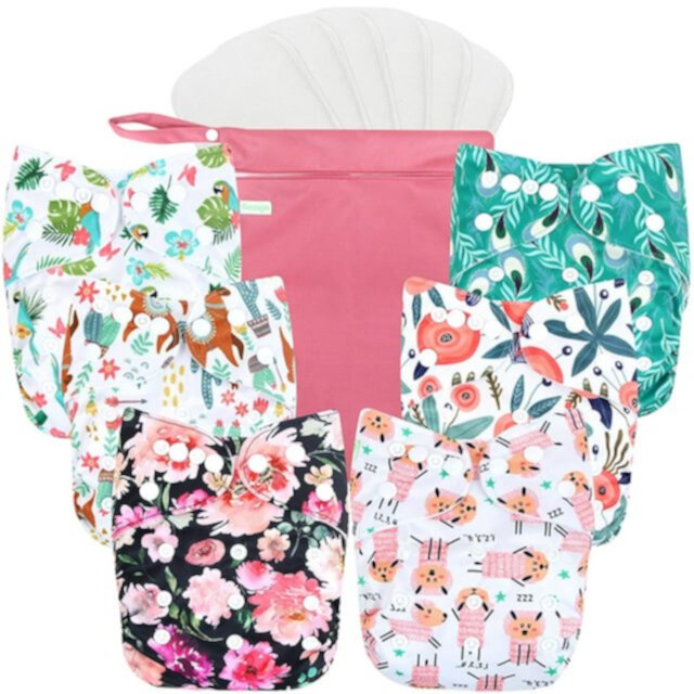 Wegreeco Washable Reusable Baby Cloth Pocket Diapers 6 Pack + 6 Bamboo Inserts (with 1 Wet Bag,Tie-dye, Ink) Wegreeco