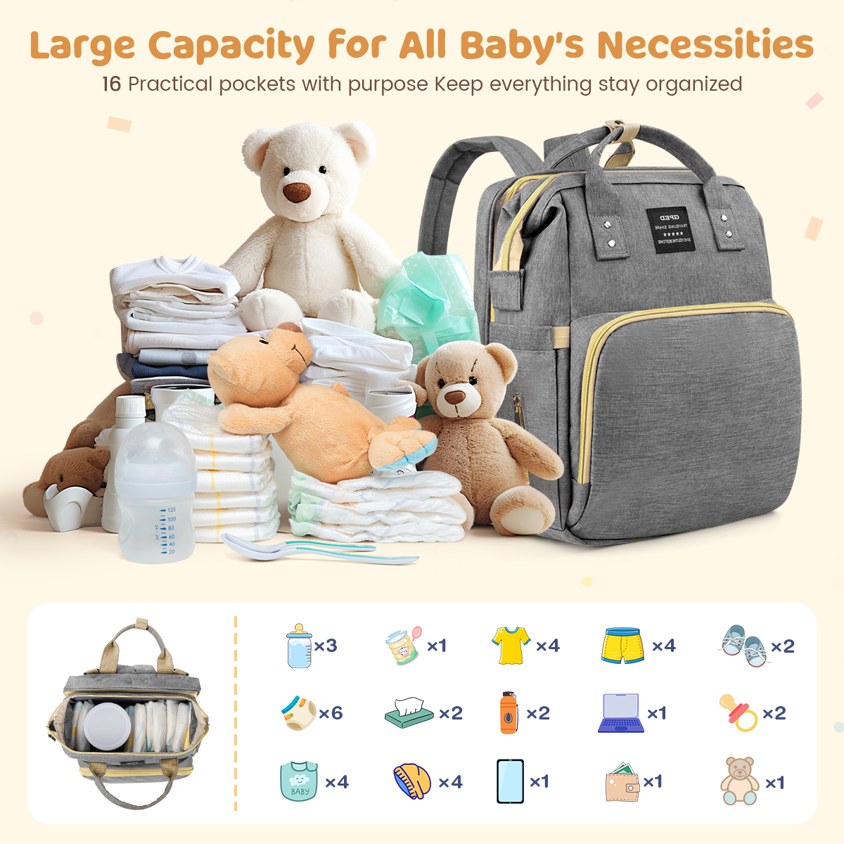 Diaper Bag Backpack, Multifunctional Baby Diaper Bags with Foldable Crib & Changing Station,Large Capacity Portable Travel Back Pack W/ USB Charging Port & Stroller Strap, Baby Shower Gifts(Gray) Cshidworld