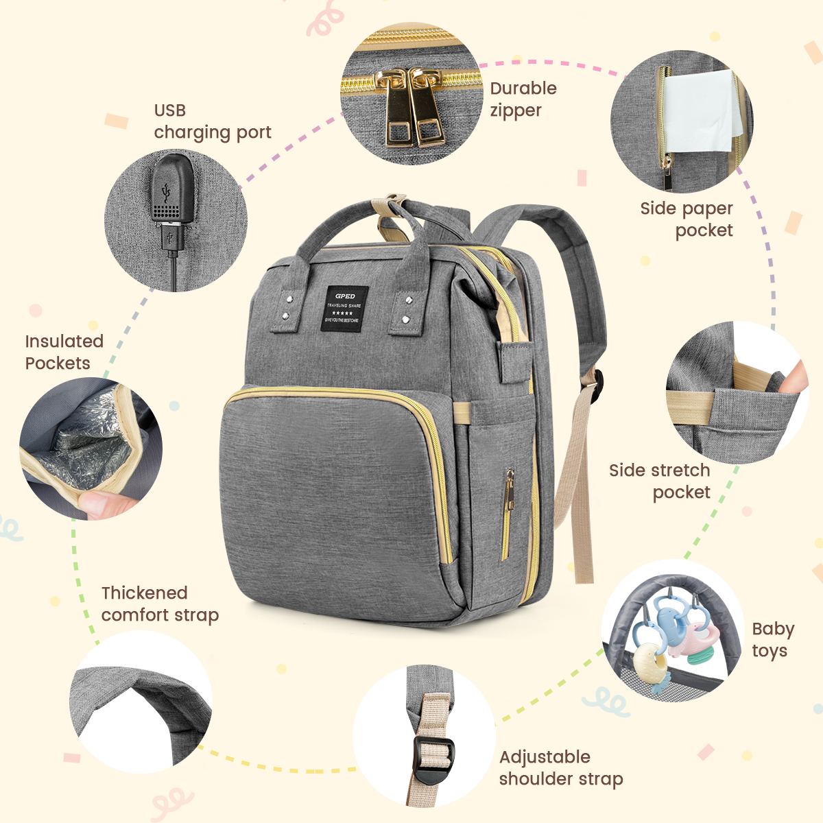 Diaper Bag Backpack, Multifunctional Baby Changing Bag with Foldable Crib & Insulated Milk Bottle Pockets, Large Capacity Portable Travel Backpack with USB Charging Port, Nappy Bag for Moms Dads(Gray) GPED