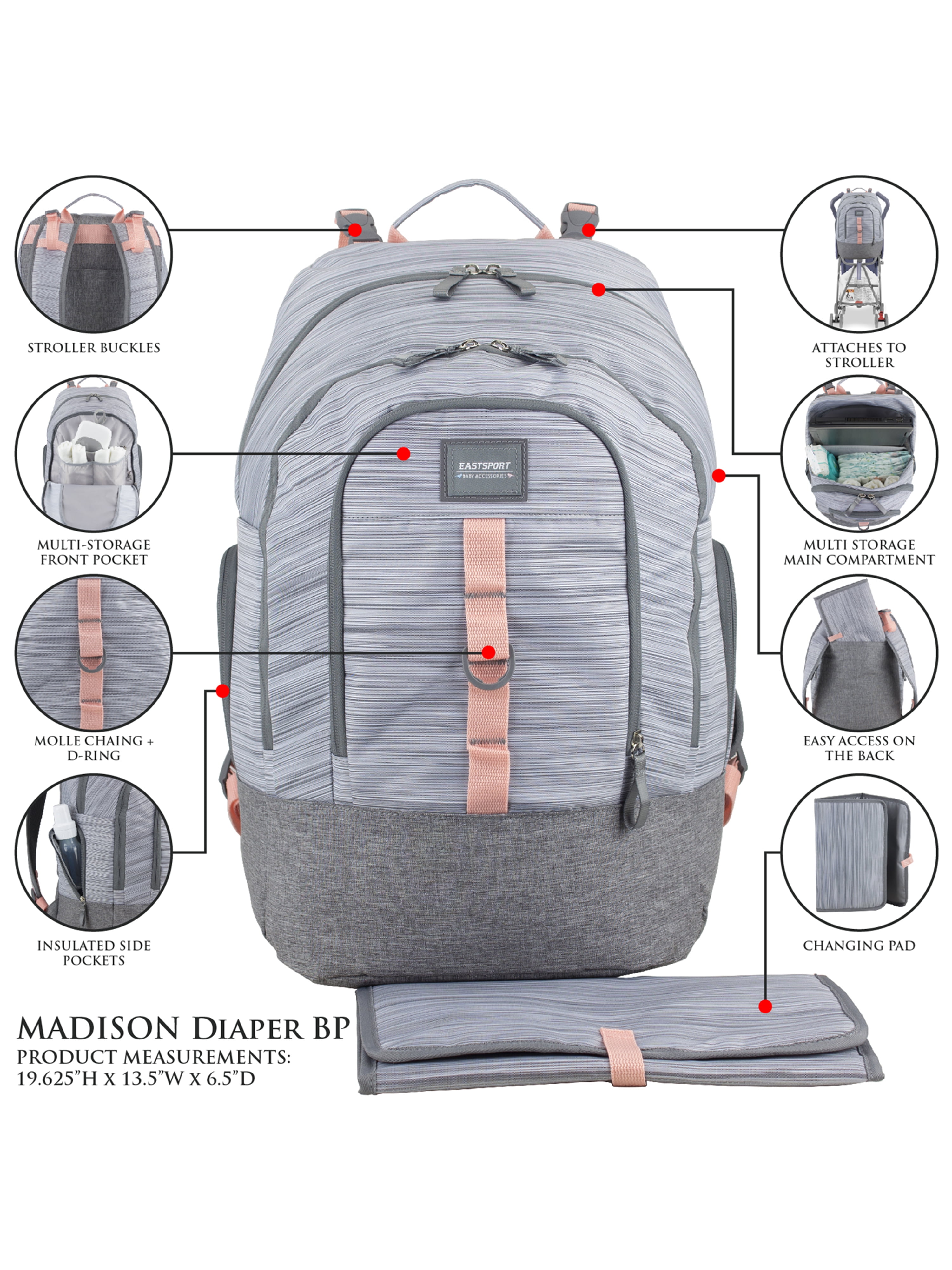 Eastsport Madison Diaper Backpack with Bonus Changing Pad, Gray Eastsport