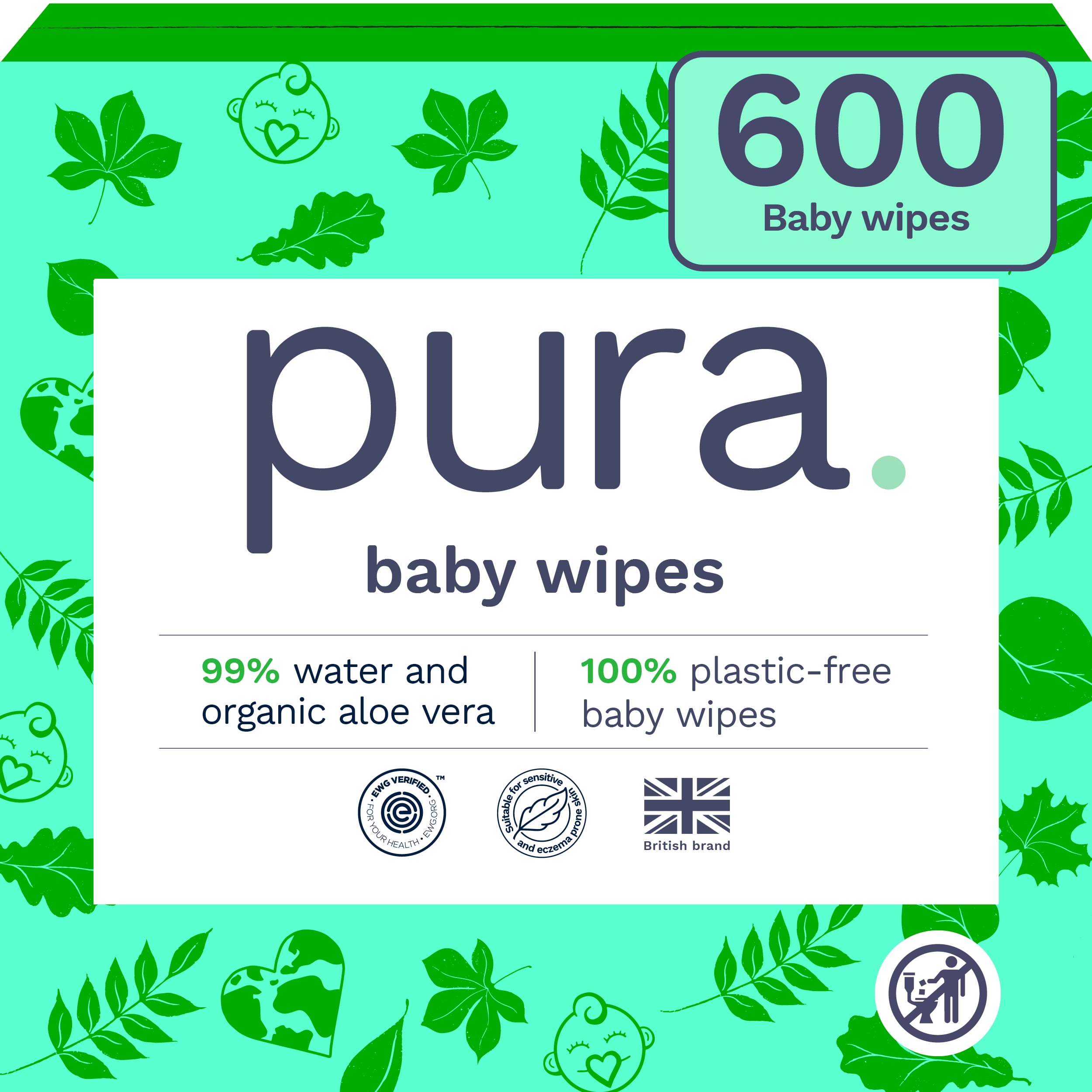 Pura Baby Wipes, Fragrance Free, Sensitive, EWG Verified, Plant-Based, 600, Choose Your Count Pura