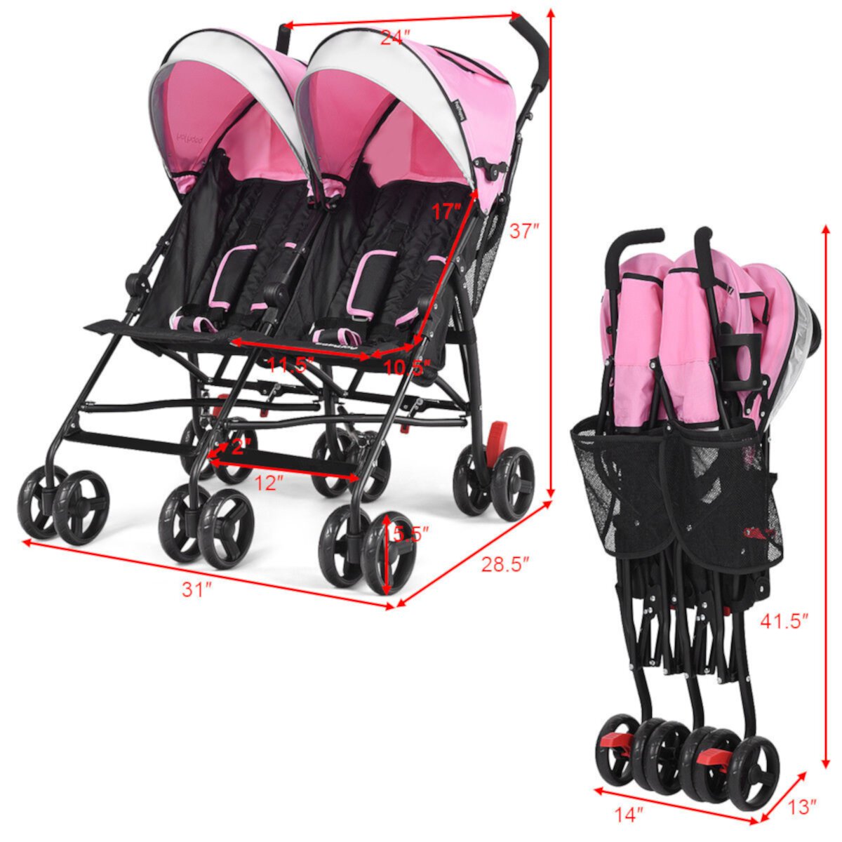 Baby-joy Foldable Twin Baby Double Stroller Kids Ultralight Umbrella Stroller Pushchair Pink Visit the Costway Store