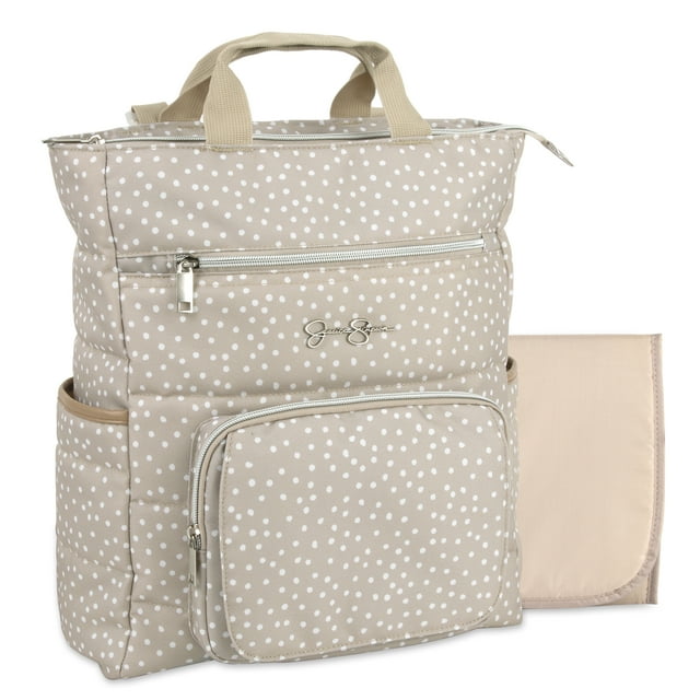 Jessica Simpson Taupe Line Quilted Multi-Pocket Fashion Diaper Bag Tote and Backpack in Dots with Magnetic Front Baby Wipe Pocket, Matching 3-Ply Folding Baby Changing Pad Jessica Simpson