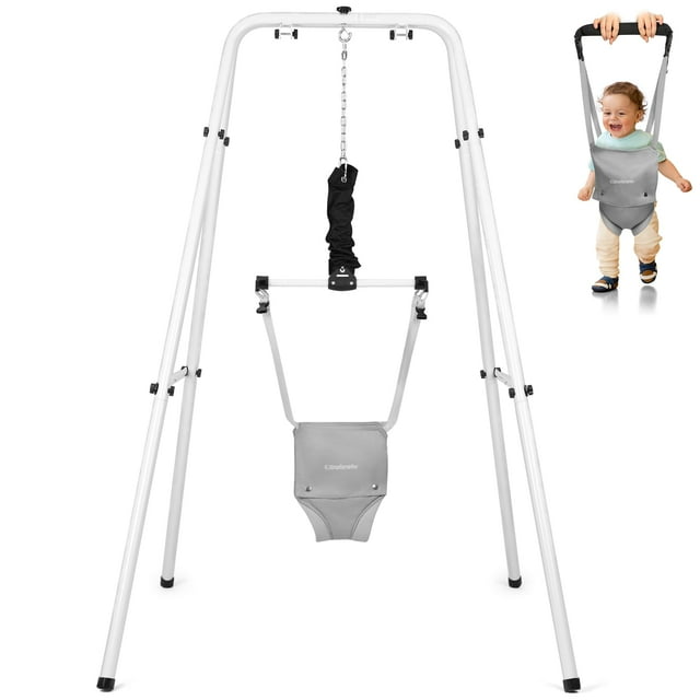 Baby 2 in 1 Exerciser Jumper Bouncer for Active Babies with Super Stand, for 6-24 Months Infant, Baby Jumper with Handheld Kids Walker Helper, 25mm,White+Grey Cowiewie