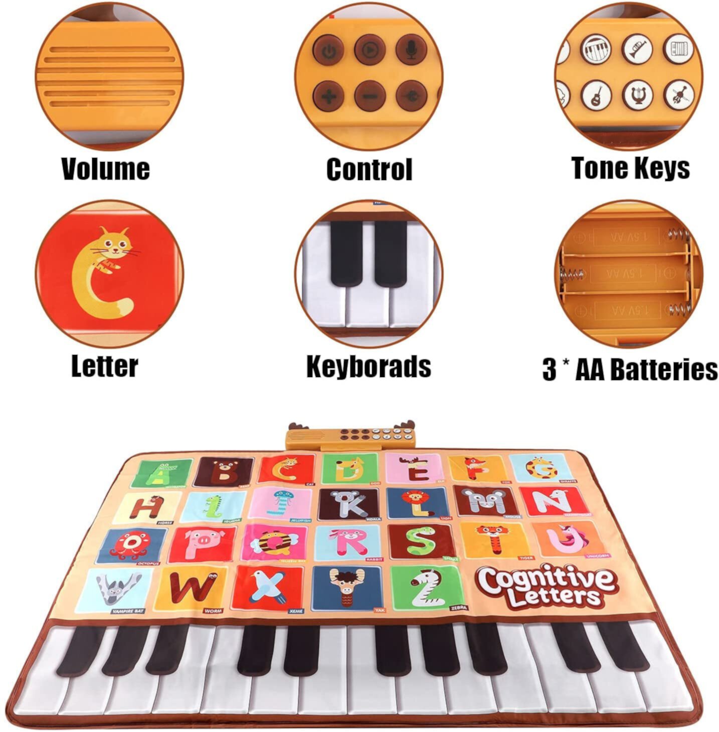 Allaugh Baby Piano Mat with 26 Letters,6 Instruments Sounds Animal Touch Keyboard Dance Mat, Floor Piano Mat Learning Toys for Boy Toddler - 1 PC Allaugh