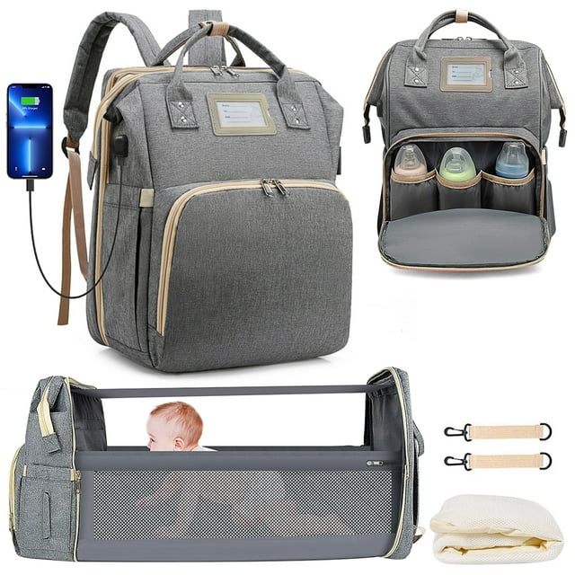 Diaper Bag Backpack, Multifunctional Baby Diaper Backpack with Foldable Crib & USB Charging Port, Large Capacity Travel Waterproof Baby Changing Bag with Stroller Straps for Baby Boy & Girls(Gray) Cshidworld