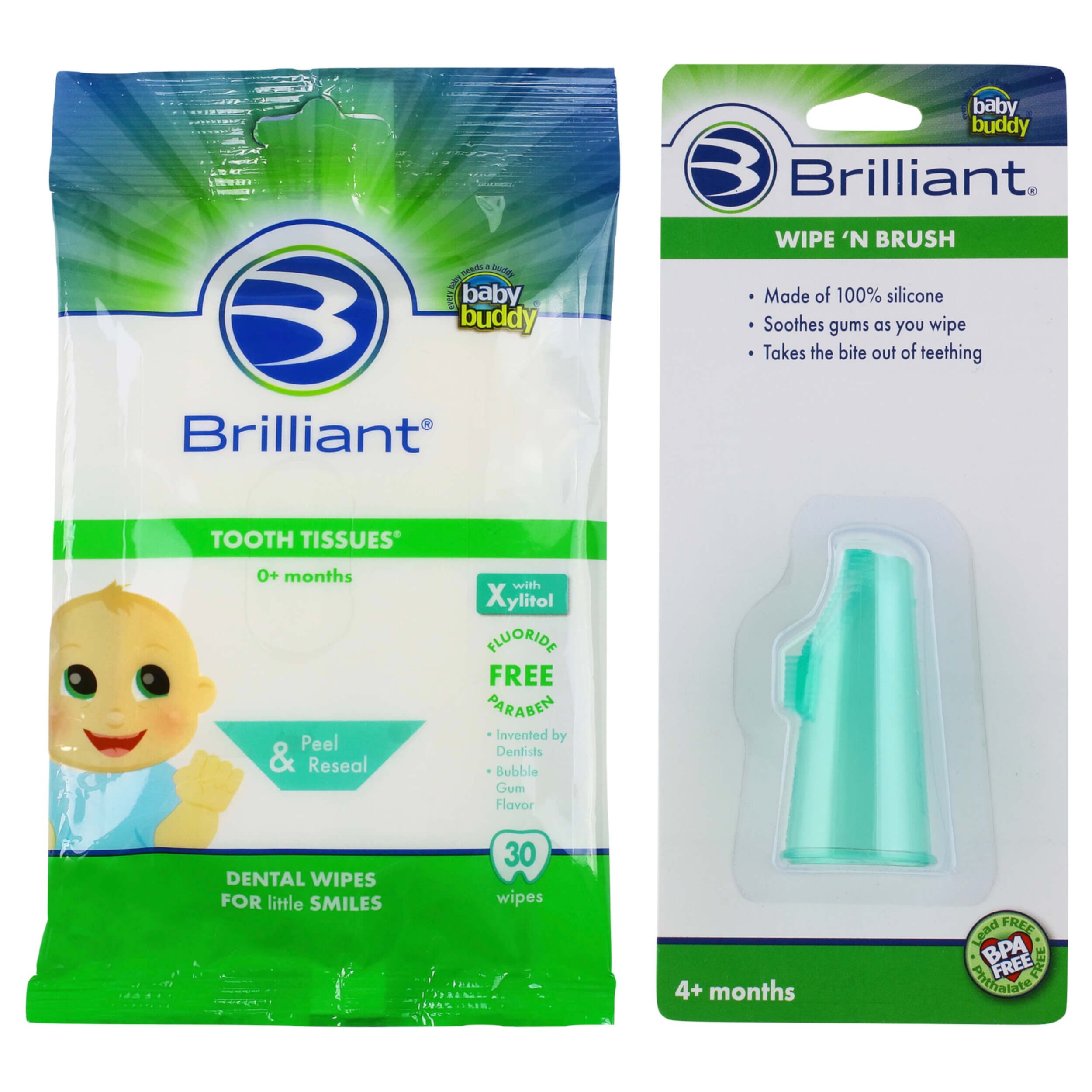 Brilliant Bundle with Tooth Tissues Xylitol Wipes Bubblegum Flavor 30 Count and Silicone Wipe-N-Brush Finger Brush, Blue Brilliant