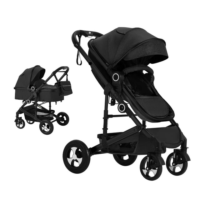 AILEEKISS 2 in 1 Convertible Baby Stroller, Unisex Folding Infant Newborn Bassinet Pram, Black AILEEKISS