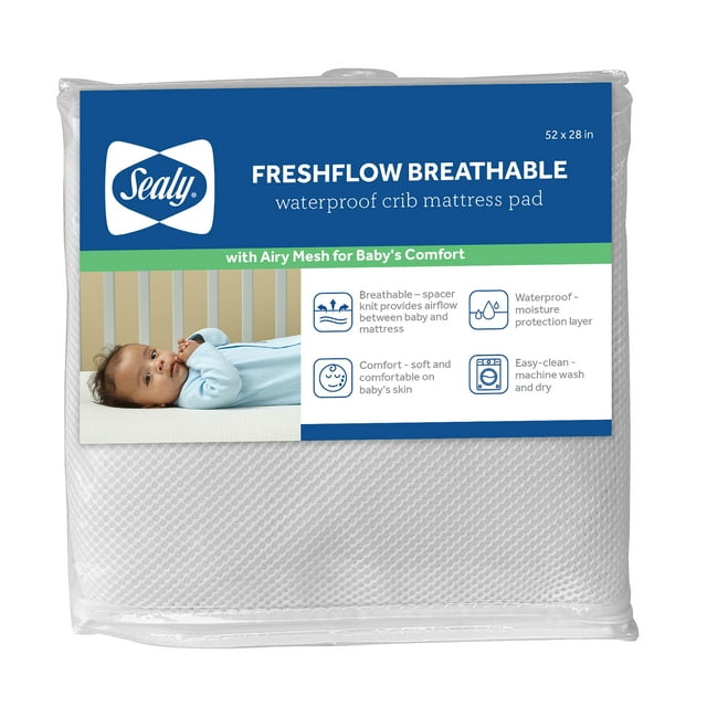 Sealy Fresh Flow Breathable Waterproof Crib and Toddler Mattress Pad, White, 52" x 28" Sealy